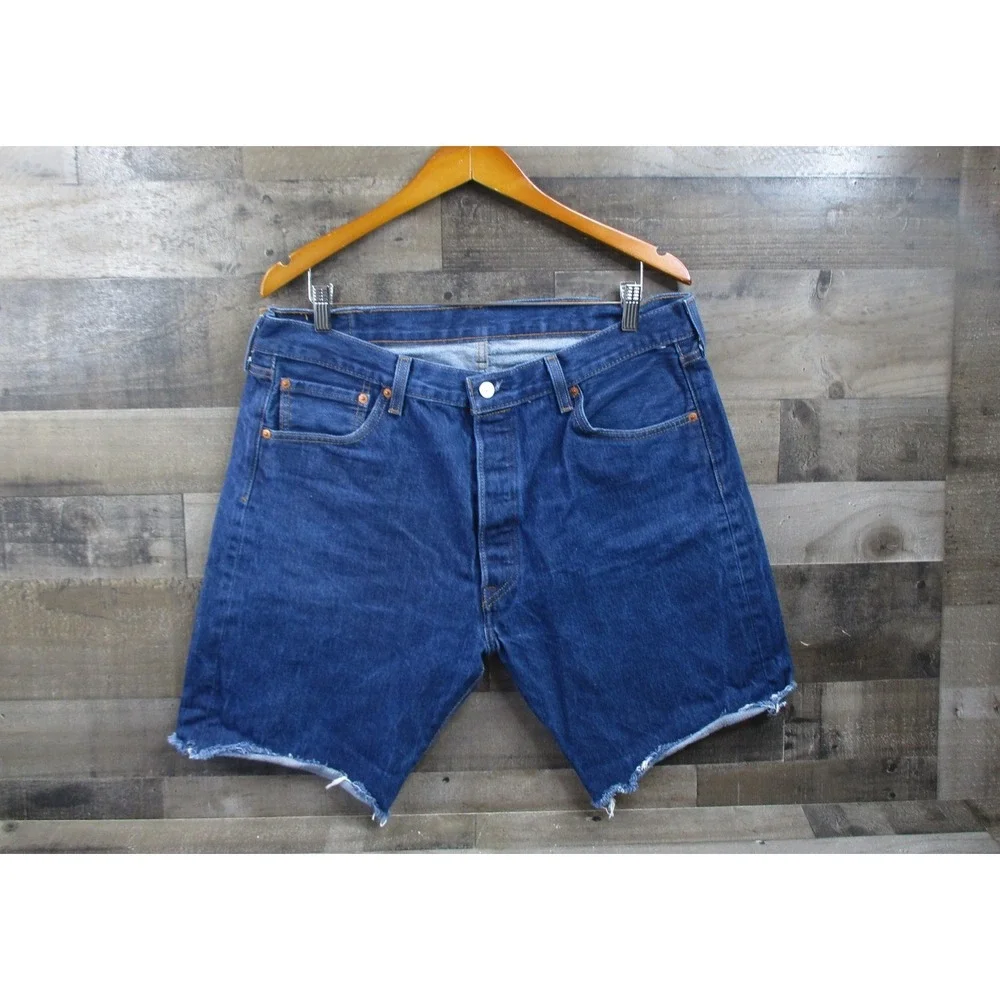 Levis Shorts Mens 38 Blue 501 Cut Off Distressed Denim Raw Hem Waterless Cotton